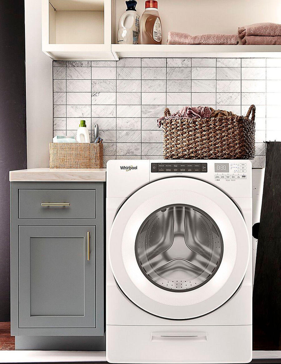 Labeled Whirlpool washing machine showcasing its features