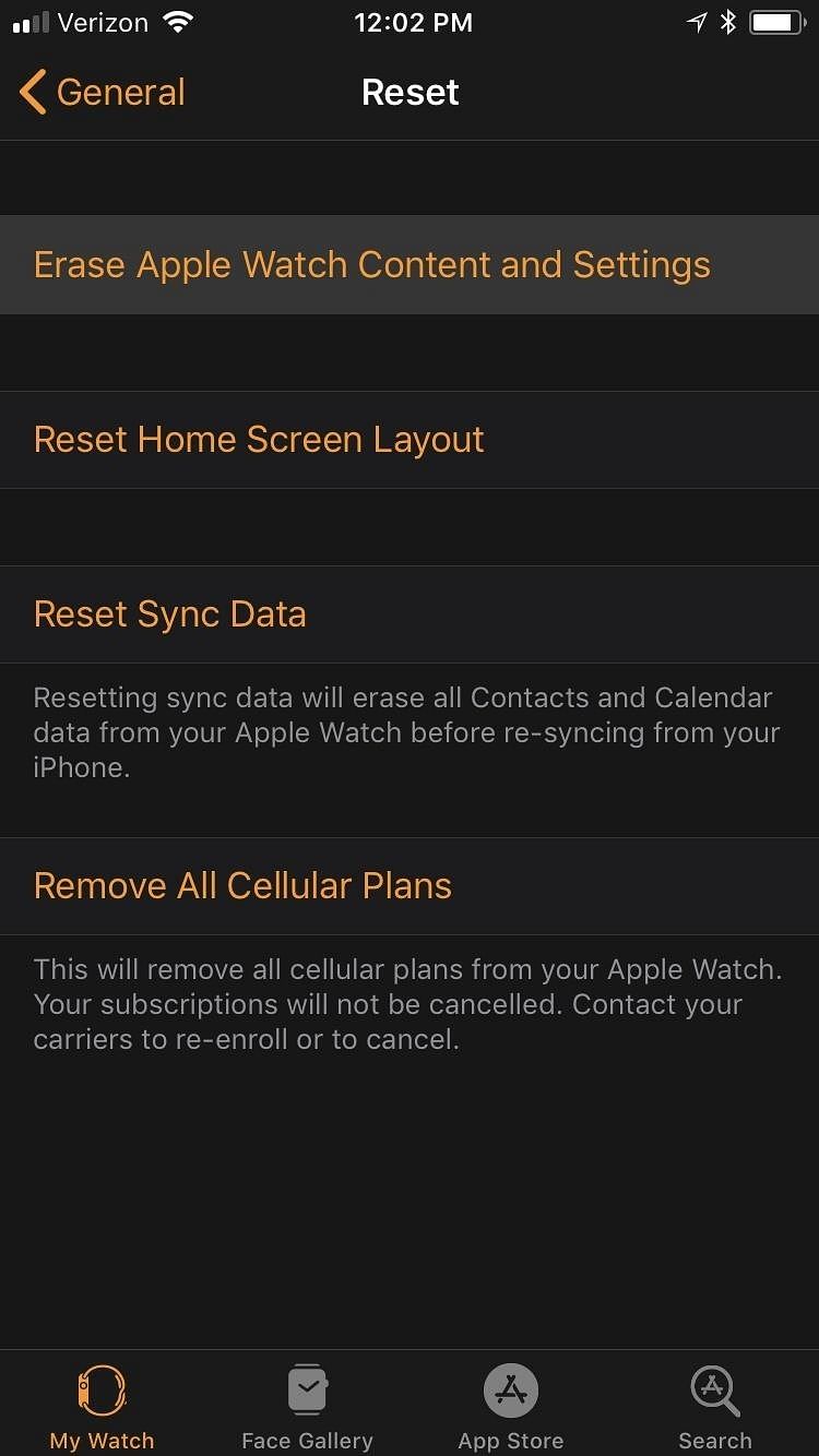Screenshots of Apple Watch post-reset setup process