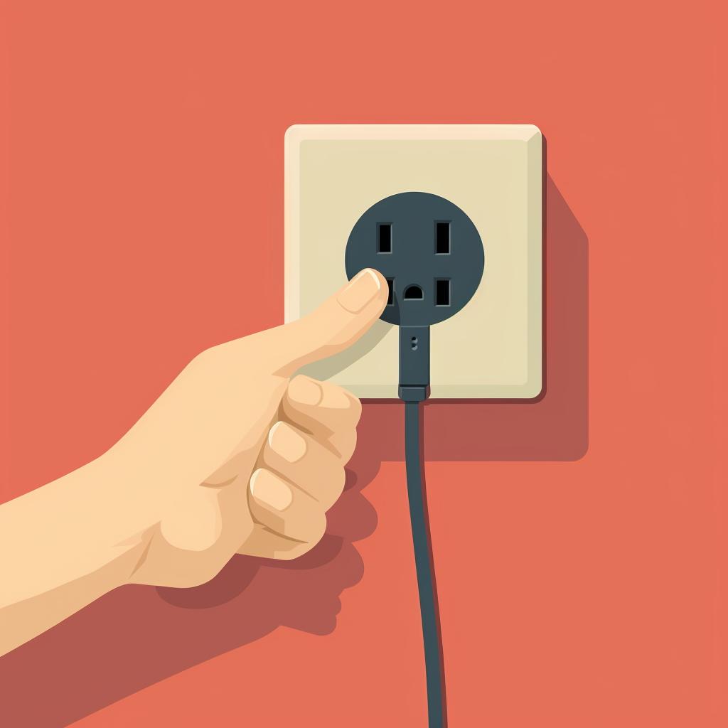 A hand plugging a power cord back into a wall outlet
