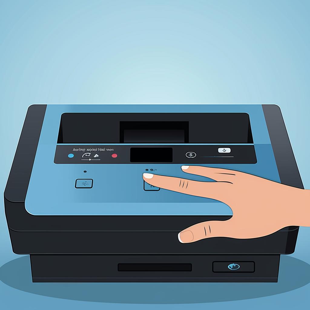 A hand pressing the 'Resume' or 'Stop/Reset' button on a Canon printer